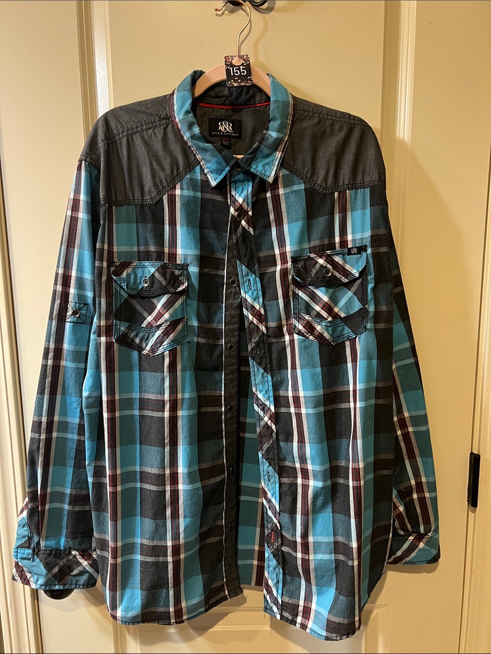 Men’s Teal Plaid Lightweight Shirt Jacket with Contrast Yoke